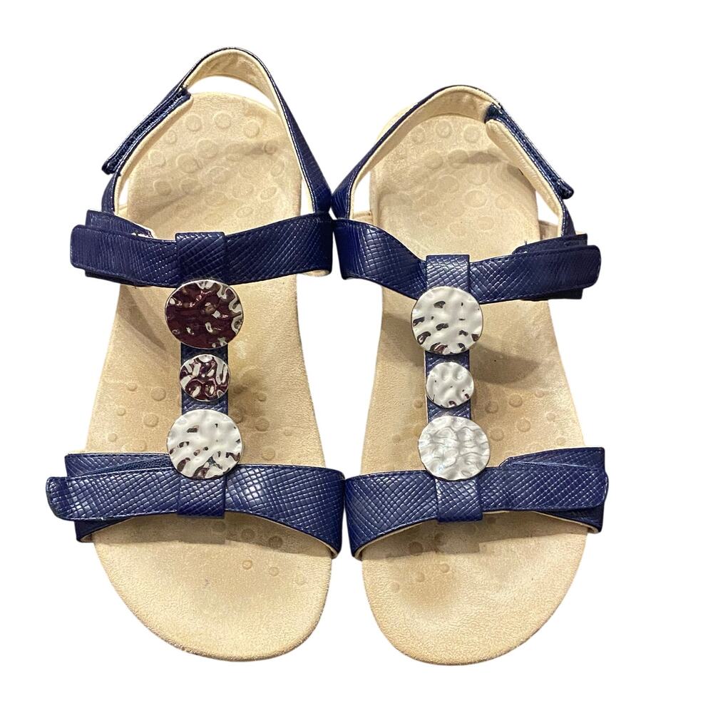 Vionic Farra Lizard Navy T-Strap Sandals Silver Discs Women’s 9 Comfort Resort